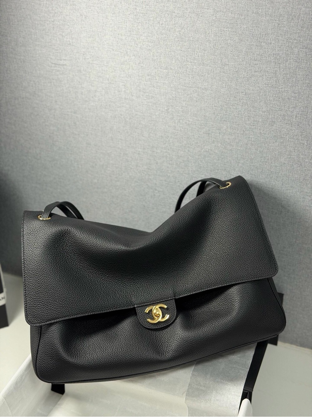 Black Caviar Leather Flap Shoulder Bag with Gold Hardware